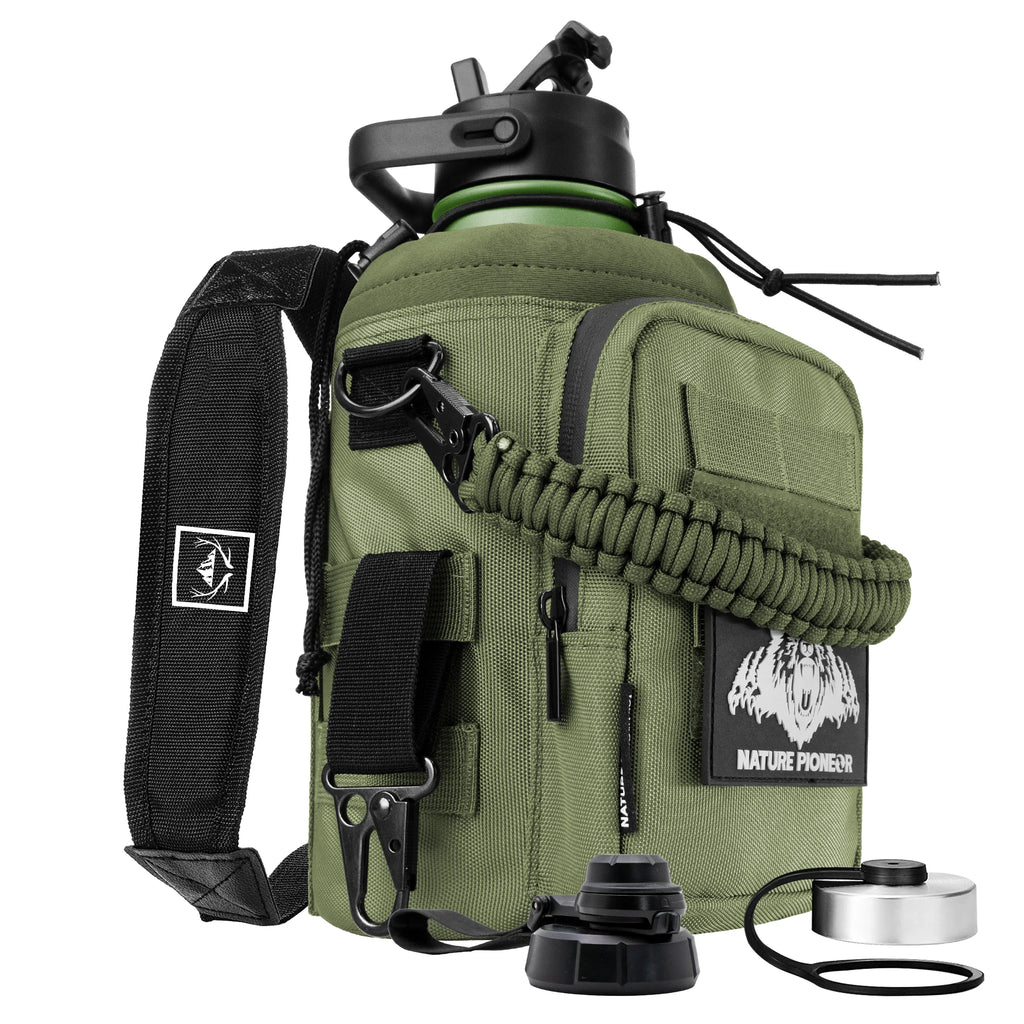 64oz Tactical Water Bottle Set, Stainless Steel Half Gallon Insulated Water Bottle with Tactical MOLLE Bottle Carrier Sleeve