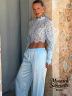 Lace Top Pants 2 Piece Set Women Chic Solid Half High Collar Cropped Back Split Long Pant Suit 2026 Lady Daily Street Outfit New