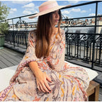 Women V Neck Vintage Vine Print Batwing Sleeve Maxi Dress Drawstring Waist Loose Flare Long Dress Mesh Texture Beach Vacation