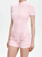 Women High Neck Short Sleeves Bodycon Romper Chic Pink Half Zip Front Ruched Short Jumpsuit Trendy Daily Party Summer Outfit New