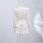 Print Women Dress Deep V Mini Dress Puff Sleeve High Waist Dress Two Piece Outfit With Waistband Elegant Slim Fit Outfit
