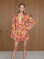 Women Elegant Printed Short Dress Chic V-neck Short Sleeve A-line Bodycon Mini Dresses 2026 Lady New Summer Vacation Street Robe