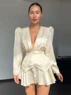 Print  Dress Women's Floral Satin Mini Dress Deep V-Neck Puff Sleeves Peplum Waistband Two-Piece Party Dresses Woman Clothes