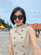 Women Stand Collar Double Breasted Mini Dress Sleeveless Elegant Casual Slim Fit Short Robe Lady Office New Dresses 2026 Summer