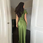 Women Elegant Green Satin Maxi Dress Lace Slit Asymmetric High Neck Draped One-sleeve Slim Fit Lgown Formal Evening Party Outfit