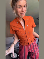 Short Sleeve Waist Cinching Ruffles Tops Women Elegant Stand Collar Single Breasted Pleaded Slim Thin Coats Chic Office Lady Top