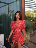 Women Red Floral Printed Mini Dress V-neck Short Sleeved Puff Sleeve Waist Trim Ruffle Slit Hem Dresses 2026 Summer Party Gown