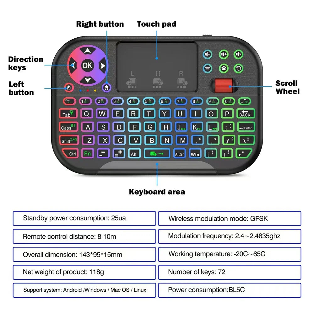 KEBIDUMEI Mini Wireless Keyboard with Scroll Wheel Touchpad 8-Color Backlit BT 2.4G Dual Mode Air Mouse Remote for PC TV Box