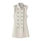 Women Stand Collar Double Breasted Mini Dress Sleeveless Elegant Casual Slim Fit Short Robe Lady Office New Dresses 2026 Summer