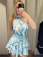 Swirl Print Women's Mini Dress Sexy Halter Neck Sleeveless Backless Ruffles Dresses Female 2026 Summer Fashion Beach Vestidos