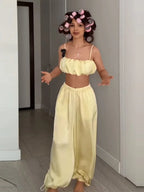 Women's Trousers 2 Pcs Suits Pleated Spaghetti Strap Cropped Tube Tops Elastic Waist Lace Up Pants Charming Ladies Partywear New