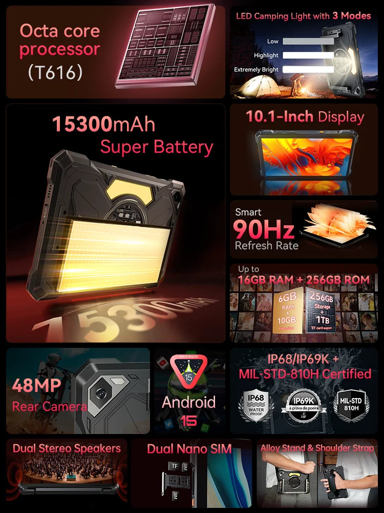Android Tablet 15 Cubot TAB KingKong S, 15300 mAh Battery, 16GB(6+10), 256GB, 10.1-Inch 90Hz Display, Camping Light, 48MP Camera