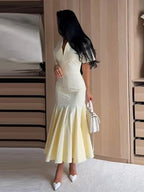 Women Fashion Solid Dress V-neck Ruffles Hem Short Sleeves Waist-cinching Draped Empire Dresses Summer Chic Elegant Summer Gown