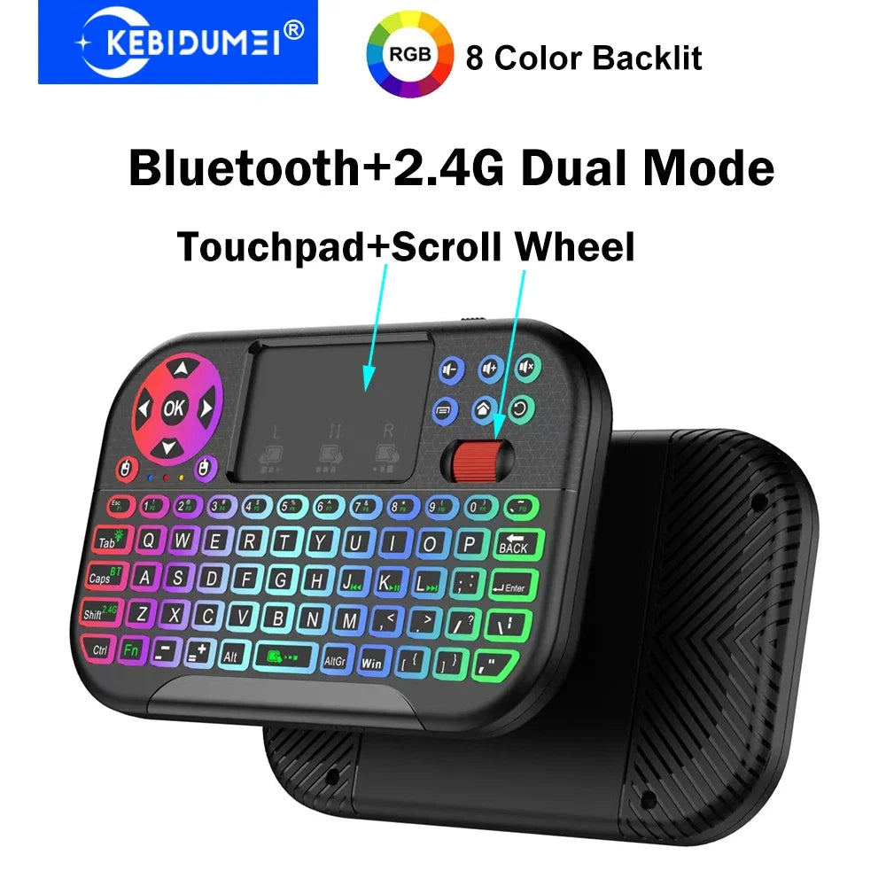 KEBIDUMEI Mini Wireless Keyboard with Scroll Wheel Touchpad 8-Color Backlit BT 2.4G Dual Mode Air Mouse Remote for PC TV Box