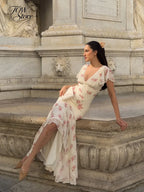 Flutter Sleeves Slim Long Dress Women Casual Pleated Deep V-neck Floral Print High Waist Dresses 2026 Lady Summer Holiday Wear