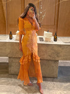 Elegant Floral Printed Woman Summer Dress V-neck Puff Sleeve Split Maxi Dresses For Women Fashion 2026 Women's Casual Gown New
