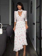 Women Elegant Printed V-neck Dress Chic Lapel Waist Cinched Pleated High Waisted Dresses 2026 Summer New Lady Vacation Gowns