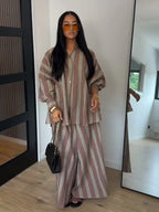 Fashion Stripe Long Pants Set Women Chic Lapel Single Breasted Shirt High Waist Wide Leg Trousers 2026 Spring New 2 Pcs Outfits