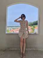 Women Stand Collar Double Breasted Mini Dress Sleeveless Elegant Casual Slim Fit Short Robe Lady Office New Dresses 2026 Summer