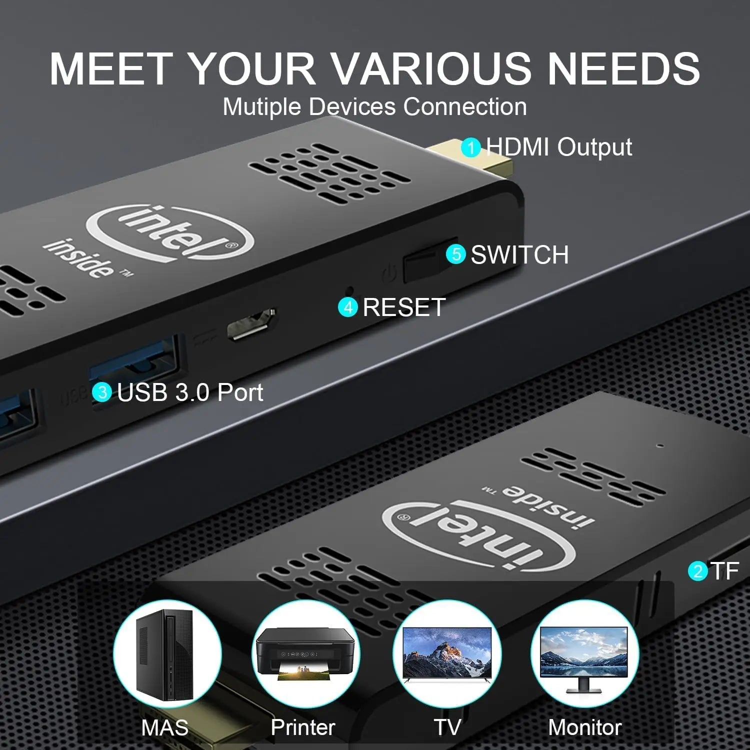 Intel W5 Pro Mini PC Computer Stick with Windows 10 Atom Z8350 4GB/8GB RAM 64GB/128GB eMMC Wi-Fi 5 Bluetooth 4.0 Built-in Fan