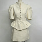 LIMO 2026 New Arrival Pink Tweed 2 Piece Outfit, Women's Elegant Peplum Top with Mini Skirt, Puff Sleeve Formal Suit