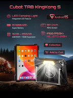 Android Tablet 15 Cubot TAB KingKong S, 15300 mAh Battery, 16GB(6+10), 256GB, 10.1-Inch 90Hz Display, Camping Light, 48MP Camera