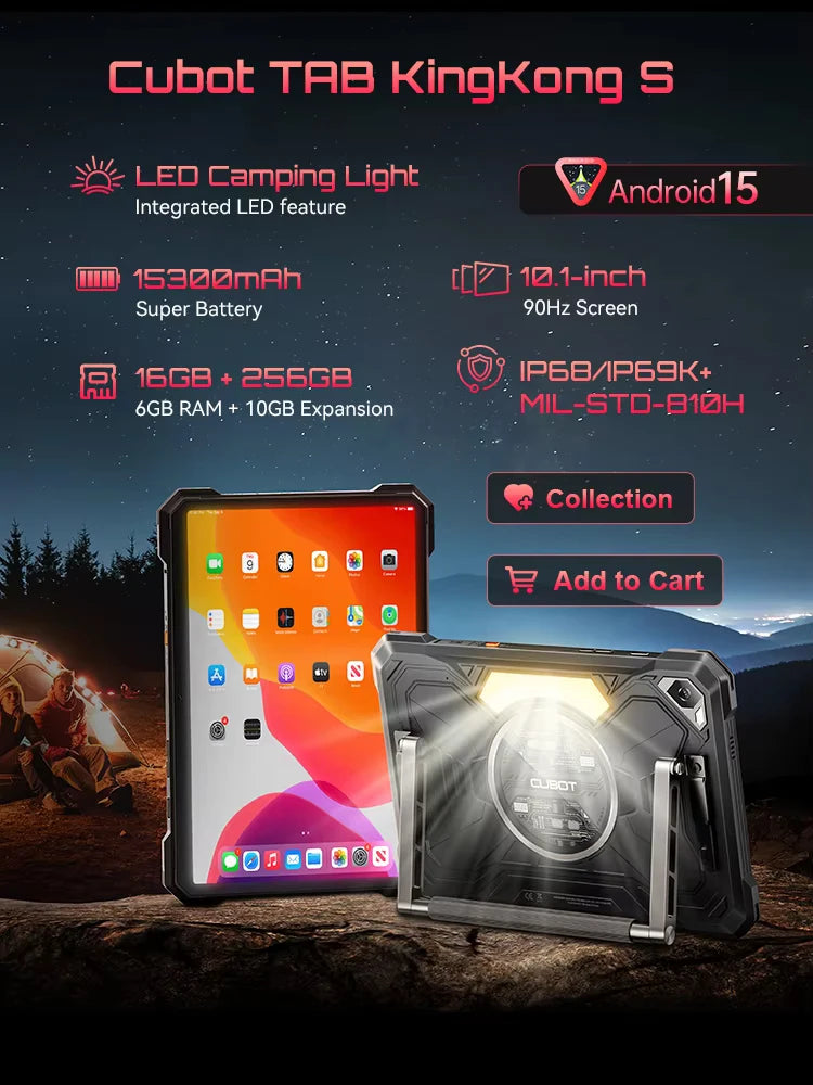 Android Tablet 15 Cubot TAB KingKong S, 15300 mAh Battery, 16GB(6+10), 256GB, 10.1-Inch 90Hz Display, Camping Light, 48MP Camera