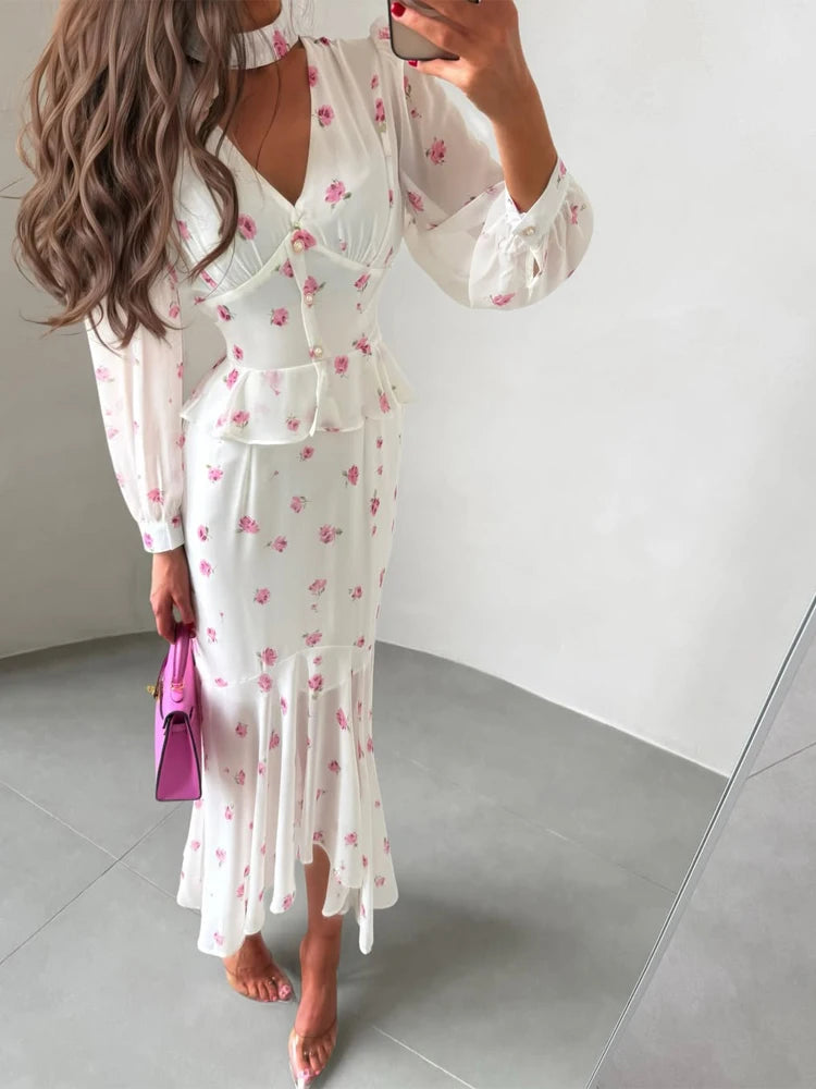 Women Elegant Printed V-neck Dress Chic Lapel Waist Cinched Pleated High Waisted Dresses 2026 Summer New Lady Vacation Gowns