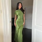 Women Elegant Green Satin Maxi Dress Lace Slit Asymmetric High Neck Draped One-sleeve Slim Fit Lgown Formal Evening Party Outfit