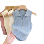 Summer Turn Down Collar Gold Button Slim Knitted Sweater Vests Elegant Knitwear Tank Tops BSTFSC-m1948