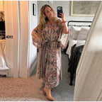 Women V Neck Vintage Vine Print Batwing Sleeve Maxi Dress Drawstring Waist Loose Flare Long Dress Mesh Texture Beach Vacation