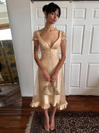 Women Mesh Midi Dress Vintage Dresses Deep V Neck Tie Strap Floral Ruffle Hem Wedding Guest Dress Elegant Outfit Woman Clothes