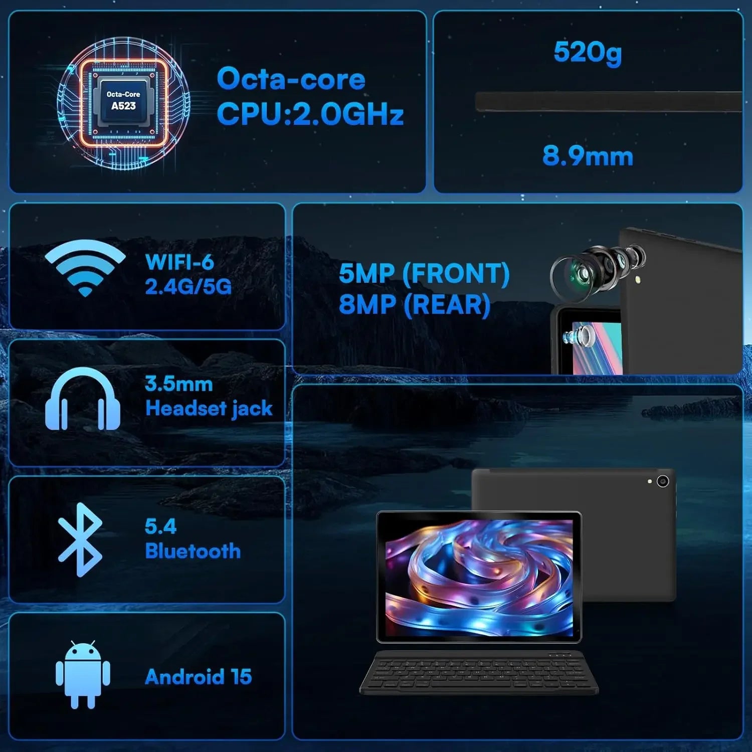 URAO 10 Inch Android Tablet, 15 8-Core Tablets, 24GB+128GB, 1TB Expansion, WiFi 6, 5MP+8MP, Stylus, Keyboard, Mouse, Headphone, PC PAD Set