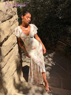 Women White Pink Floral Print Fishtail Skirt Set Chic V Neck Puff Sleeve Ruffle Button Crop Top Suit Elegant Lady Wedding Outfit