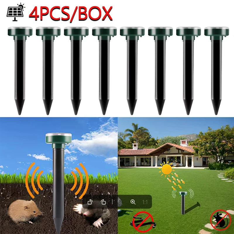 4PCS Solar Powered Ultrasonic Mouse Mole Repeller Rodent Deterrent Vibration Wave LED Lights For Yard Garden Park Farm Outdoor