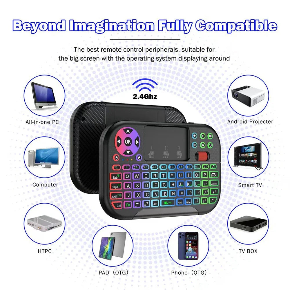 KEBIDUMEI Mini Wireless Keyboard with Scroll Wheel Touchpad 8-Color Backlit BT 2.4G Dual Mode Air Mouse Remote for PC TV Box