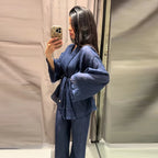 Tie Front Textured Women Set V-Neck Loose Set Wide Sleeve Drawstring Pants Casual Lounge Solid Color 2 Piece Outfits For Daily