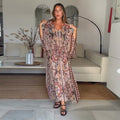 Women V Neck Vintage Vine Print Batwing Sleeve Maxi Dress Drawstring Waist Loose Flare Long Dress Mesh Texture Beach Vacation