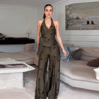 Sequin Two-Piece Set Women's Floral Set Halter Neck Wrap Top Wide-Leg Pants Trousers Party Co-Ord Vacation Wear Woman Clothes