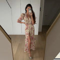 Print Chiffon Long Dress Women V Neck Half Sleeves High Waist Ruffles Belts Split Robe Female 2026 Summer Chic Vacation Dresses