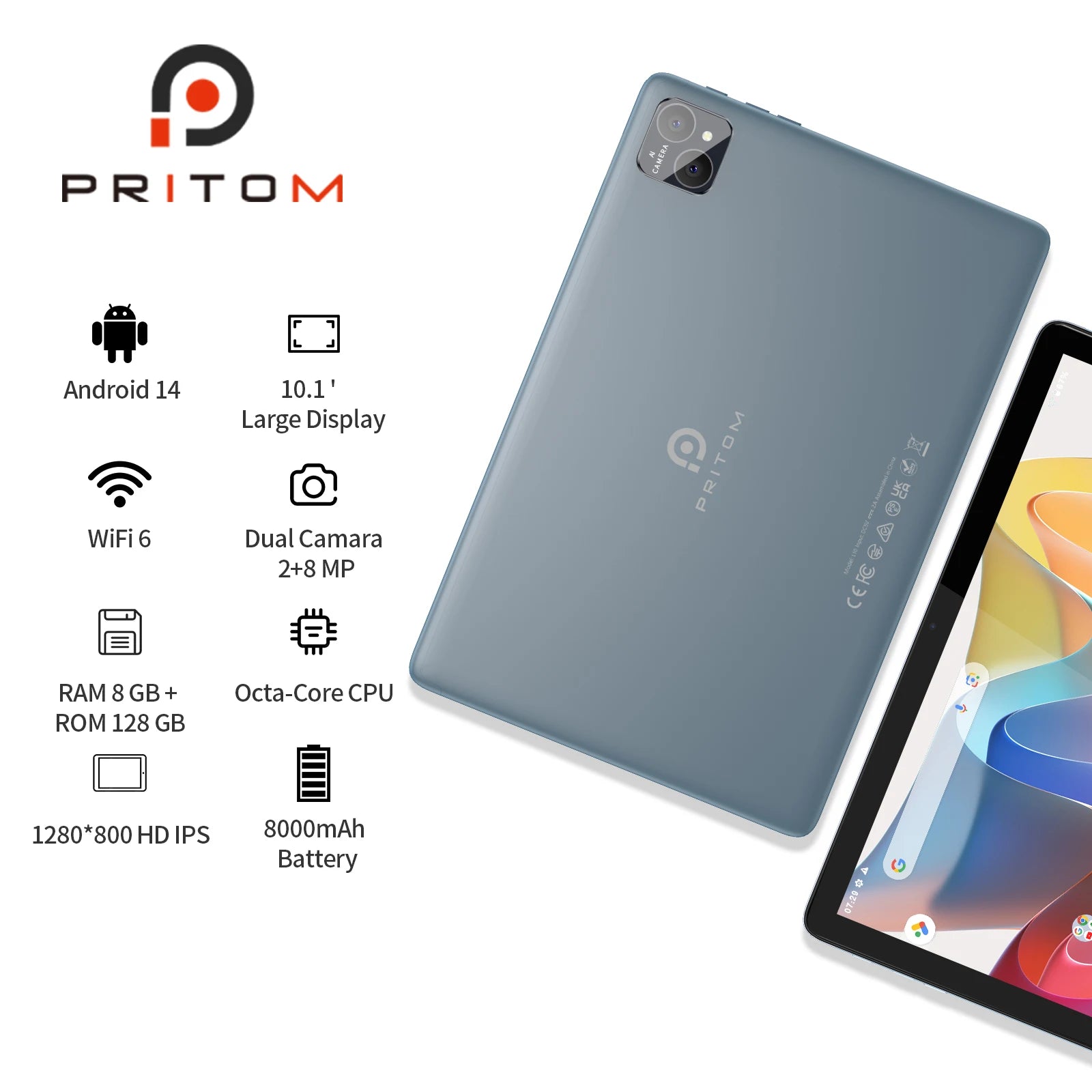 PRITOM TAB11 Android 14 Tablet 10 Inch, 8GB (4+4 Expandable) RAM + 128GB ROM, Octa Core, 5G WiFi, with Keyboard, Mouse, Case