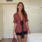 Vintage Fringed Fitted Shirts Women V Neck Short Sleeves Lace Up Ruffles Blouse Female 2026 Summer New Chic Fashion Tops Lady