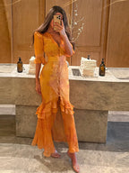Print Chiffon Long Dress Women V Neck Half Sleeves High Waist Ruffles Belts Split Robe Female 2026 Summer Chic Vacation Dresses