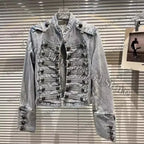 Spring Autumn Vintage Blue Slim Short Jeans Jacket Women Stand Collar Multi-breasted Design Long Sleeve Denim Jacket  Streetwear